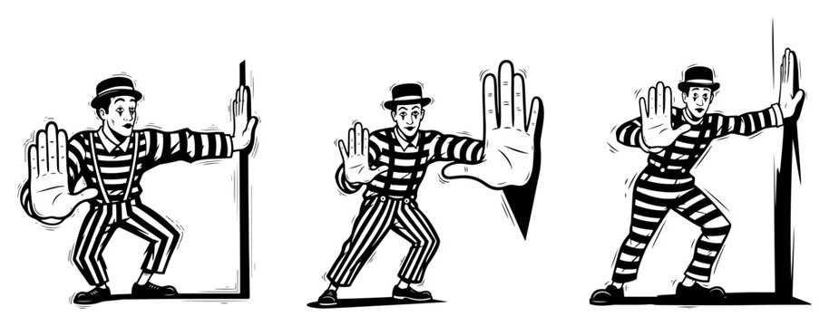 Mime performer in various pantomime poses pushing invisible walls in comic book style