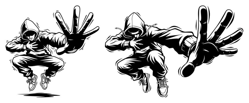 Hip hop dancers jumping and reaching forward in dynamic urban comic style