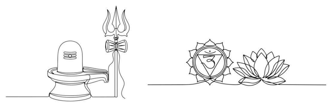 Hindu shiva lingam with trishul and chakra lotus in continuous line art style