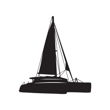 Black silhouette of a catamaran sailboat minimalist vector illustration for marine travel and advent