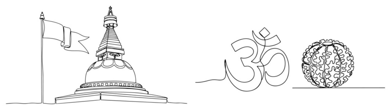 Buddhist stupa with om symbol and sacred bead in continuous one line art style