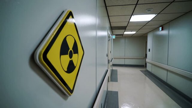 Radiation warning sign on a hospital hallway wall, medium shot, interior, no people