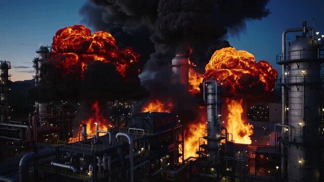 Oil refinery explosion with massive fire and thick black smoke at night, aerial view