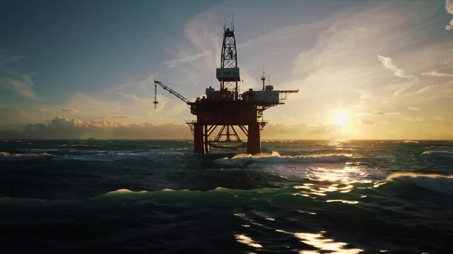 Oil rig platform in the ocean at sunset with waves and orange sky, establishing shot