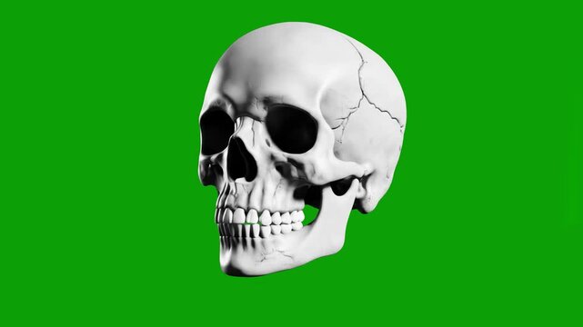 A high-quality, realistic 3D render of a human skull, performing a complete 360-degree rotation on its vertical axis. Set against a green screen for professional background replacement and compositing