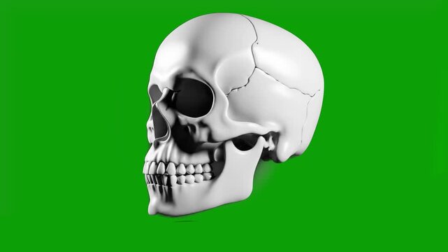 A high-quality, realistic 3D render of a human skull, performing a complete 360-degree rotation on its vertical axis. Set against a green screen for professional background replacement and compositing