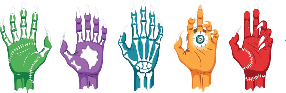 Halloween Skeleton Hands Vector Icons Set Featuring Glowing Green, Purple, Blue, Orange, and Red Hand Designs with Zombie Elements for Spooky Themed Art