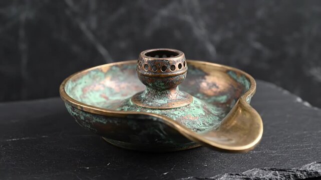 Antique brass ashtray with verdigris patina and ornate rim, isolated on dark textured background, vintage smoking accessory