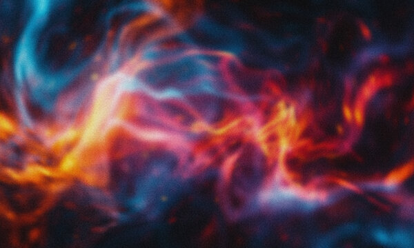 Colorful abstract nebula with glowing energy waves and swirling cosmic light in deep space, vibrant orange and blue fluid shapes blending in dark galaxy background
