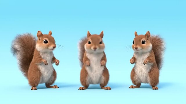 Three Adorable Cartoon Squirrels Standing on a Blue Background, Full Body Shot, Studio Lighting, 3D Render