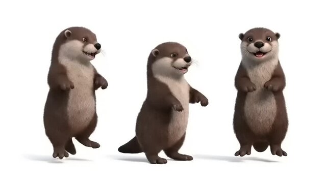 Three adorable otters standing upright and looking curious, captured in a studio setting against a white background, perfect for nature documentaries or cute animal compilations