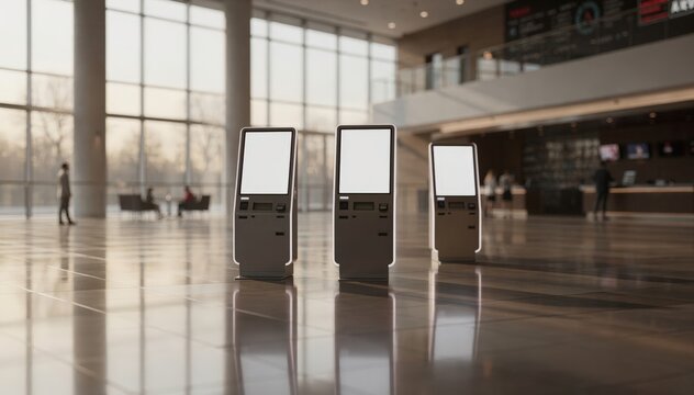 Quiet morning atmosphere in the multiplex atrium ticket kiosks in focus with minimal patrons blurred in the distant background creating a peaceful and spacious vibe.