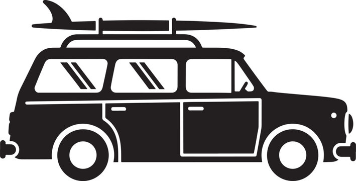 Station wagon car with surfboard on roof rack vector icon, surfboard