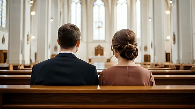 A man and a woman sit together on a wooden pew in a grand church, observing the serene environment during a quiet moment of reflection and spiritual contemplation.