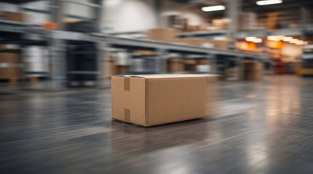 Cardboard box in motion at a warehouse, representing logistics and distribution operations