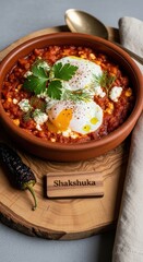 Fototapeta premium Shakshuka in Unglazed Terracotta with Refined Walnut Sign, Brass Spoon, and Middle Eastern Ornaments