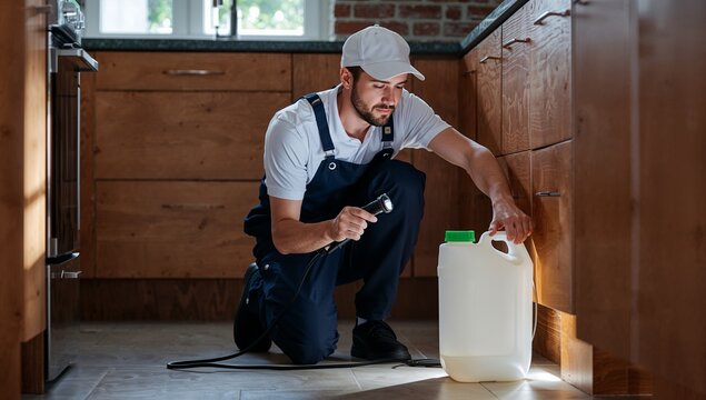 Professional exterminator inspecting for pests in a kitchen with a flashlight and insecticide spray bottle