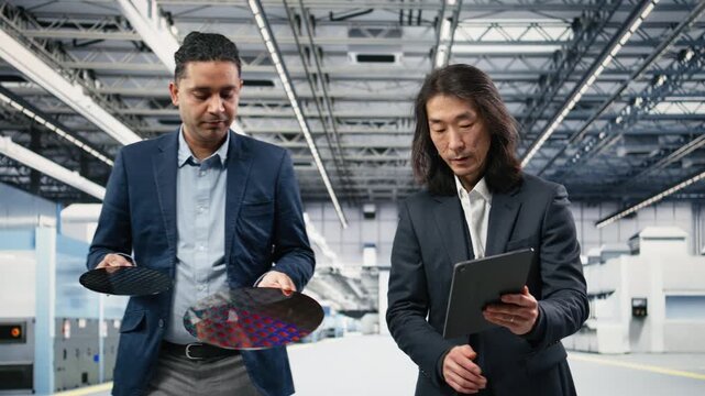 Diverse team of engineers holding delicate electronic component during semiconductor production plant inspection. Asian man and colleague monitoring silicon wafer manufacturing yields, camera A