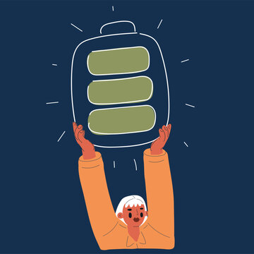 Cartoon vector illustration of woman holding giant charged battery above head, full of energy and vitality concept