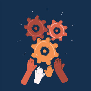 Cartoon vector illustration of hands holding gear mechanism, teamwork and collaboration concept