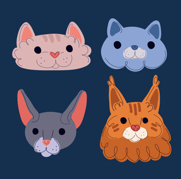 Cartoon vector illustration of cat faces: British Shorthair, Oriental, Maine Coon, cute feline collection
