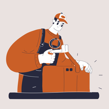 Cartoon vector illustration of man packing box, shipping and delivery preparation concept