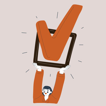 Cartoon vector illustration of woman holding check mark above head, approval and success concept
