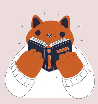 Cartoon vector illustration of cat reading a book, cozy and cute feline concept