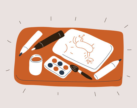 Cartoon vector illustration of table with art supplies, painting and creativity concept