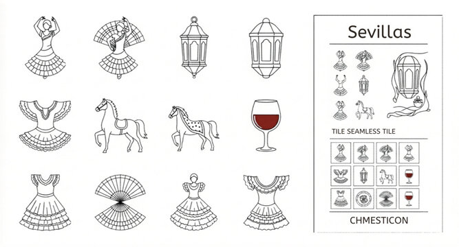 Andalucia patterns and Spanish cultural icons, traditional Mediterranean tile set with flamenco dancer and acoustic guitar, floral vector elements