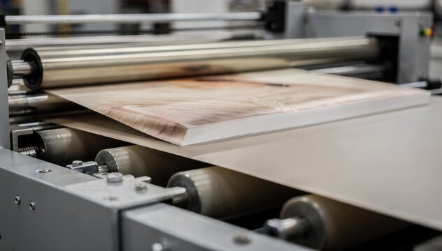 Focus on softtouch lamination as it smooths evenly over a dust jacket in a medium shot with the machine and environment in soft blur for contrast.