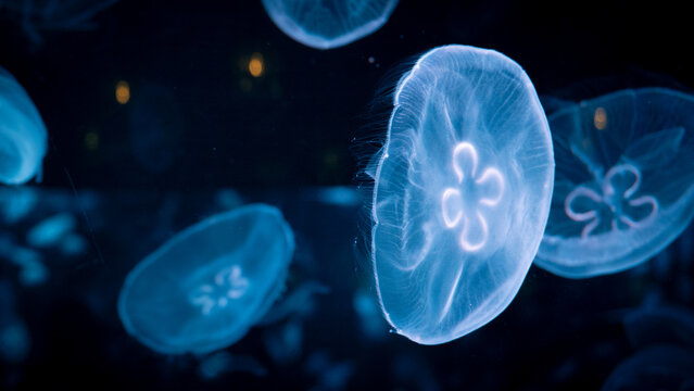 Group of blue jellyfish underwater in dark ocean with soft glowing light and depth
