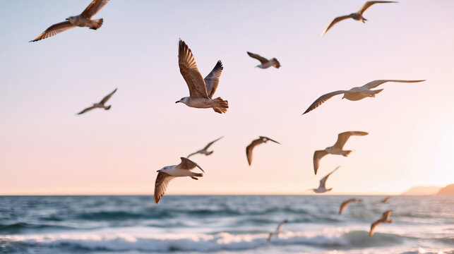 Flock of seagulls flying above ocean waves at sunset