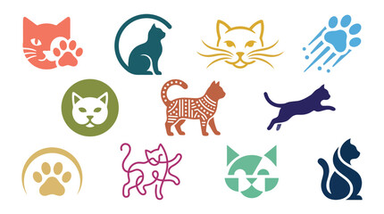 A collection of diverse cat logos and icons, showcasing various artistic styles and representations of felines and paw prints. © tr