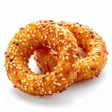 Two delicious baked sesame simit rings on a white background in a studio shot showcasing their golden color and crunchy texture