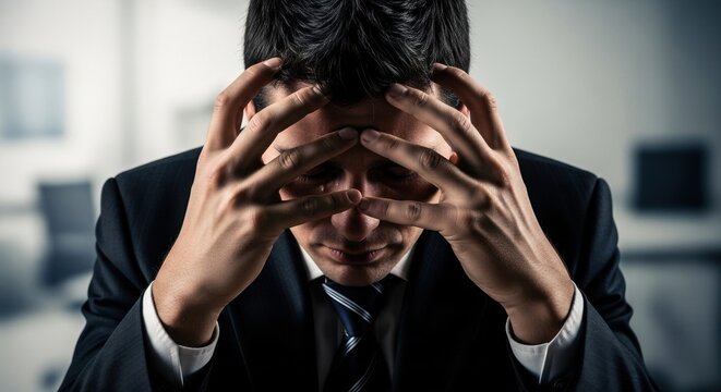 Empres&aacute;rio brasileiro desesperado chorando com as m&atilde;os na cabe&ccedil;a. Conceito de crise financeira, fal&ecirc;ncia, estresse extremo e depress&atilde;o no trabalho.