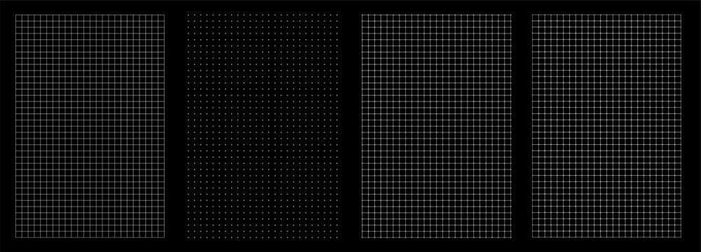Set of square graph paper layouts on black surface. Thin line grids, dot matrices and rounded meshes create versatile templates for math exercises, architectural plans, charts, diagrams digital.