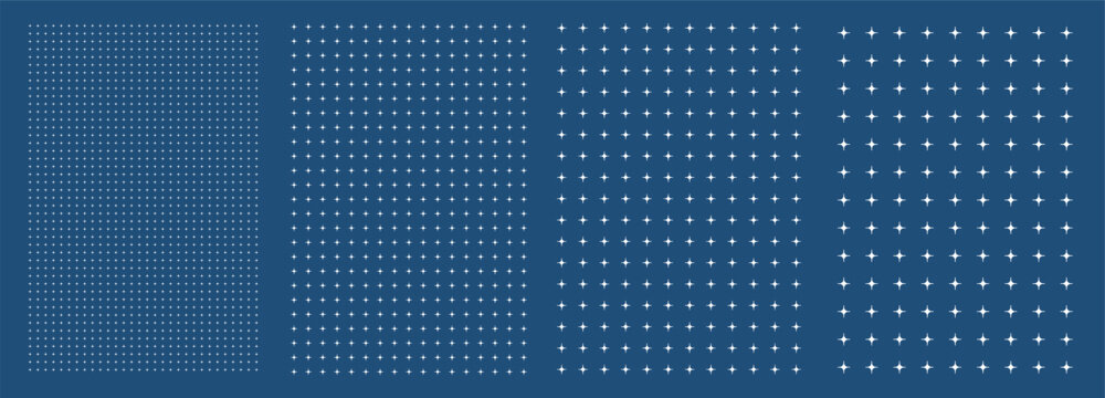 Blueprint grid set star geometry, four scale variations. Wide medium dense micro spacing comparison, engineering layouts dashboards notebook pages interface planning systems technology graphics.
