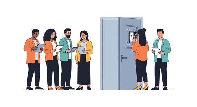 Diverse group of people waiting in line to be scanned by a thermal camera at a door, social distancing concept