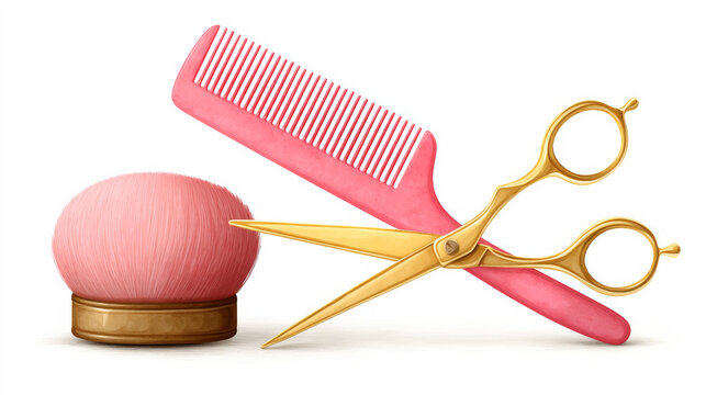 Pink hair comb and gold scissors with powder brush