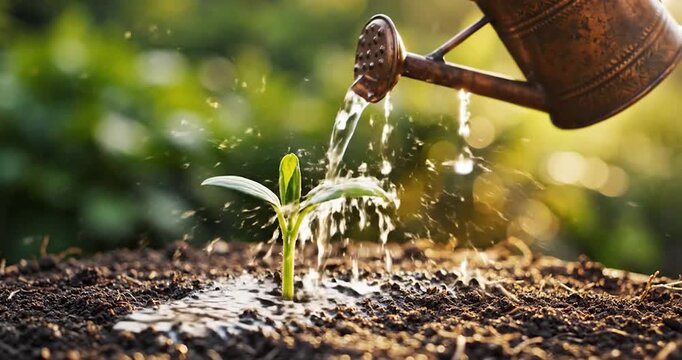 A watering can pouring water onto a small green sprout in the soil