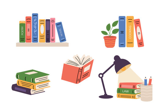 Set of various book compositions creative stacks for reading concept