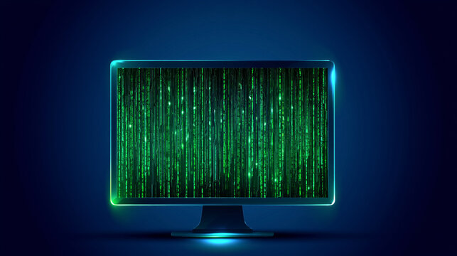 Futuristic monitor displaying green digital code on dark blue background