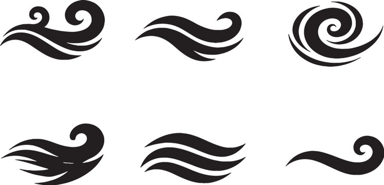 Wind and air flow silhouettes bundle swirl gust vector weather icon set