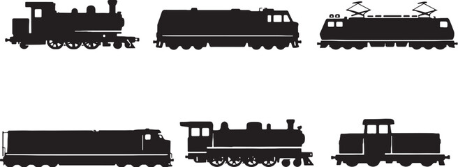 Locomotive silhouettes bundle train engine vector set steam diesel electric railway icons © Pham