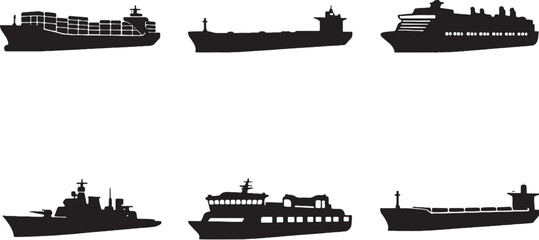 Large ship silhouette set cargo tanker cruise ferry warship maritime transport vector bundle © Pham