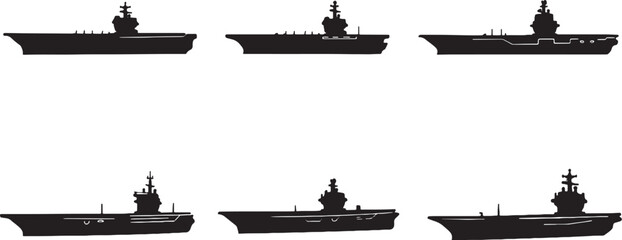 Aircraft Carrier Silhouette Bundle Naval Warship Military Ship Black Vector Set © Pham