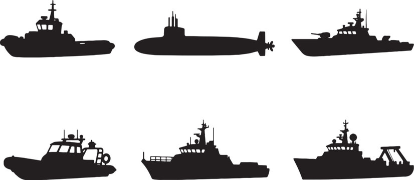 Marine vessel silhouette set tugboat submarine patrol rescue coast guard research ship vector bundle