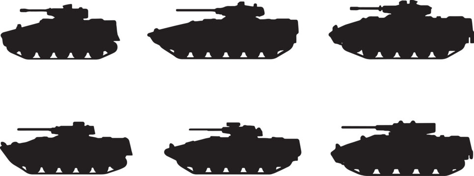 Infantry fighting vehicle silhouettes bundle black military combat vehicle icons set isolated on white background