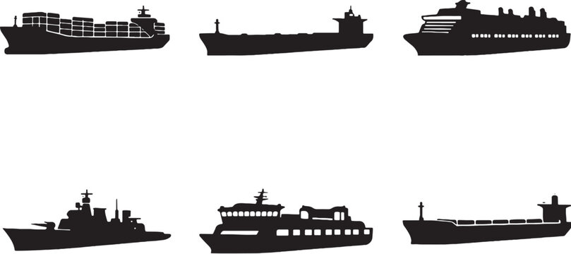 Large ship silhouette set cargo tanker cruise ferry warship maritime transport vector bundle